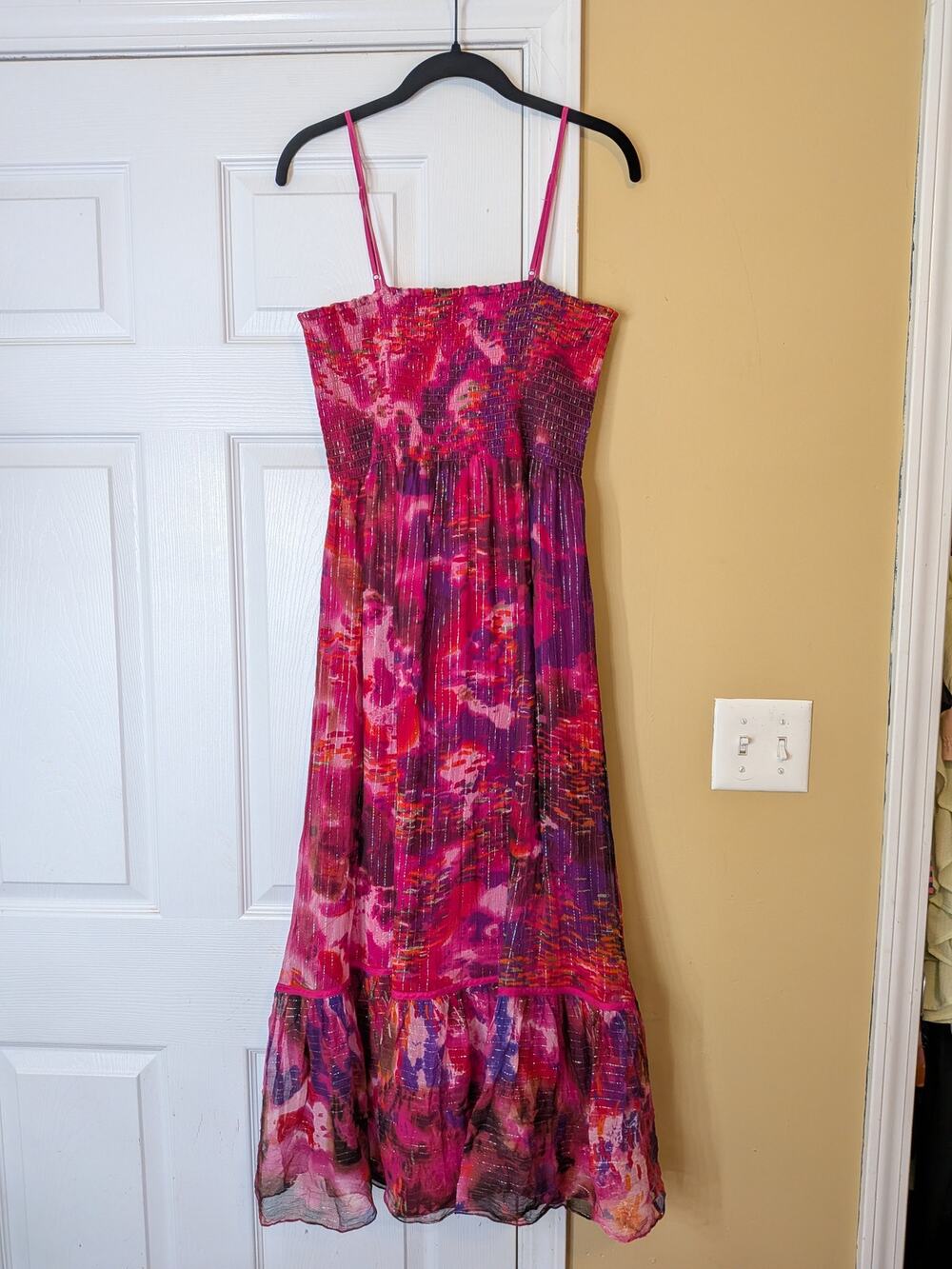 Peter Nygard Y2K Silk Metallic Floral Smocked Maxi Dress Pink Size Small Medium